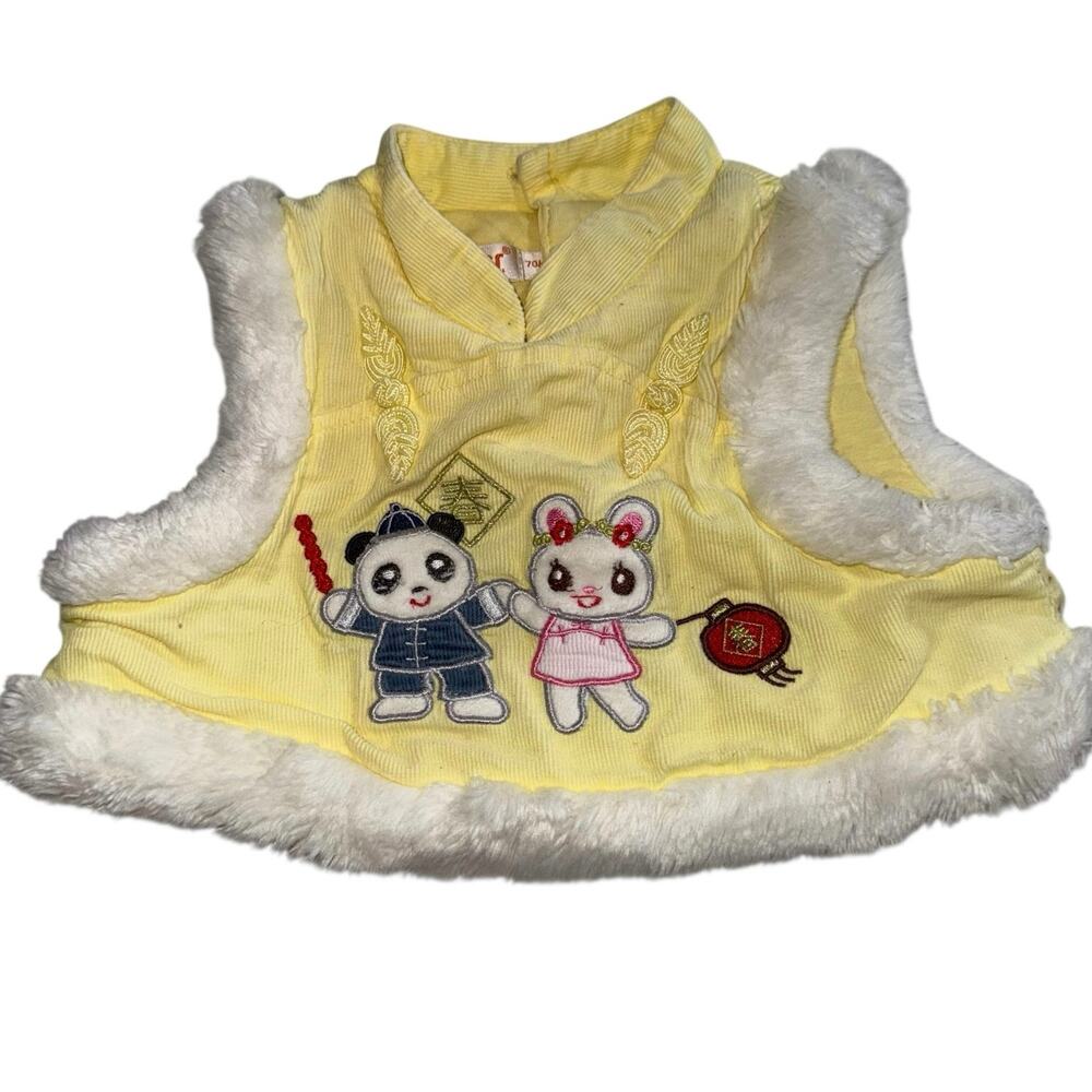 Baby Girl Yellow Quilted Button Back Vest Bear Appliqués Fur Trim 6-9 MO